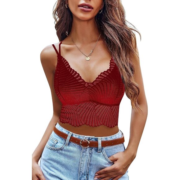 Women's Wine Red Lace Camisoles Double-layered V-neck Sexy Bralettes Crop Top - Picture 1 of 6